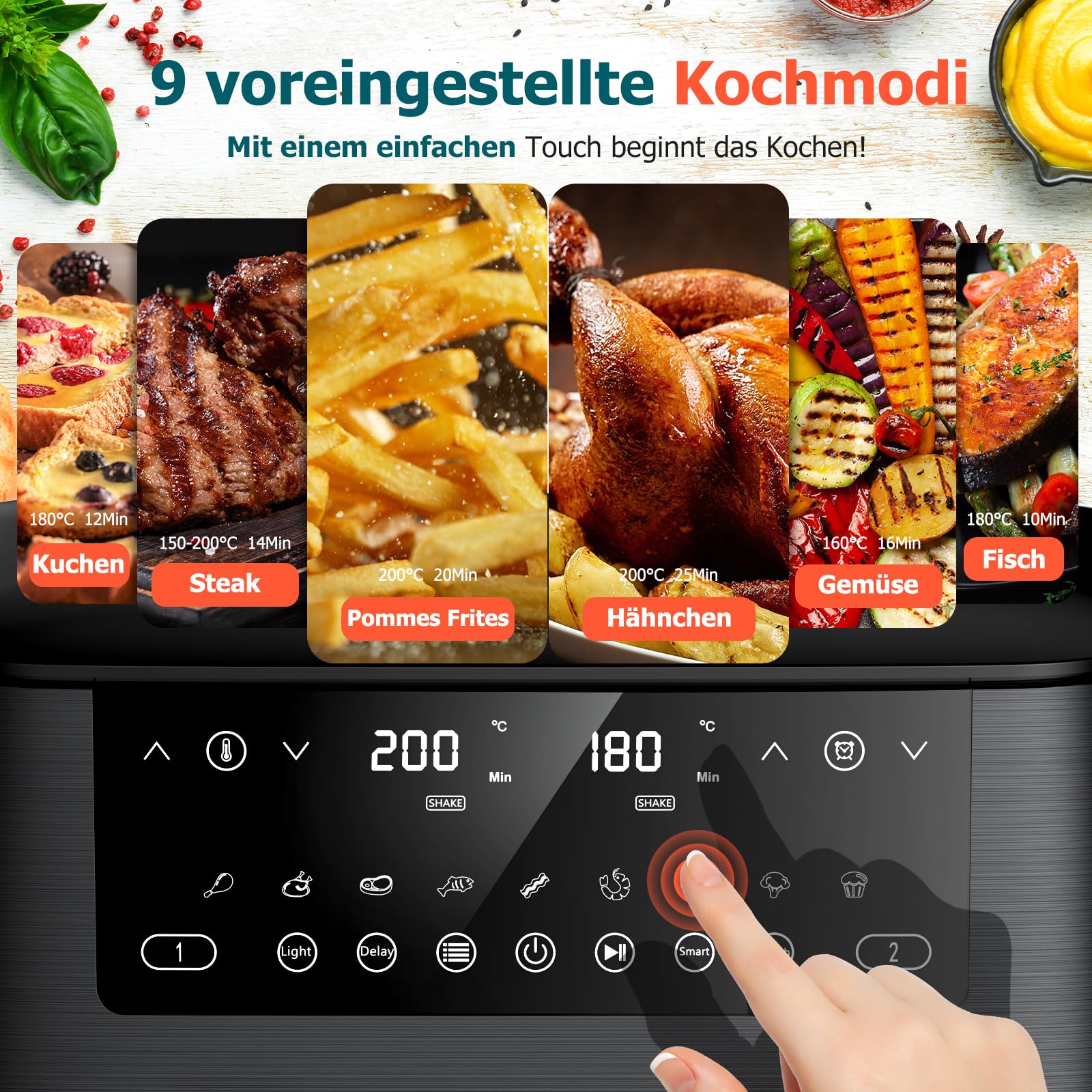 Heißluftfritteuse 9L Dual Zone Airfryer, 2 Kammern mit Sichtfenster, 9-in-1 Programme, Touchscreen, spülmaschinenfeste Antihaft-Körbe