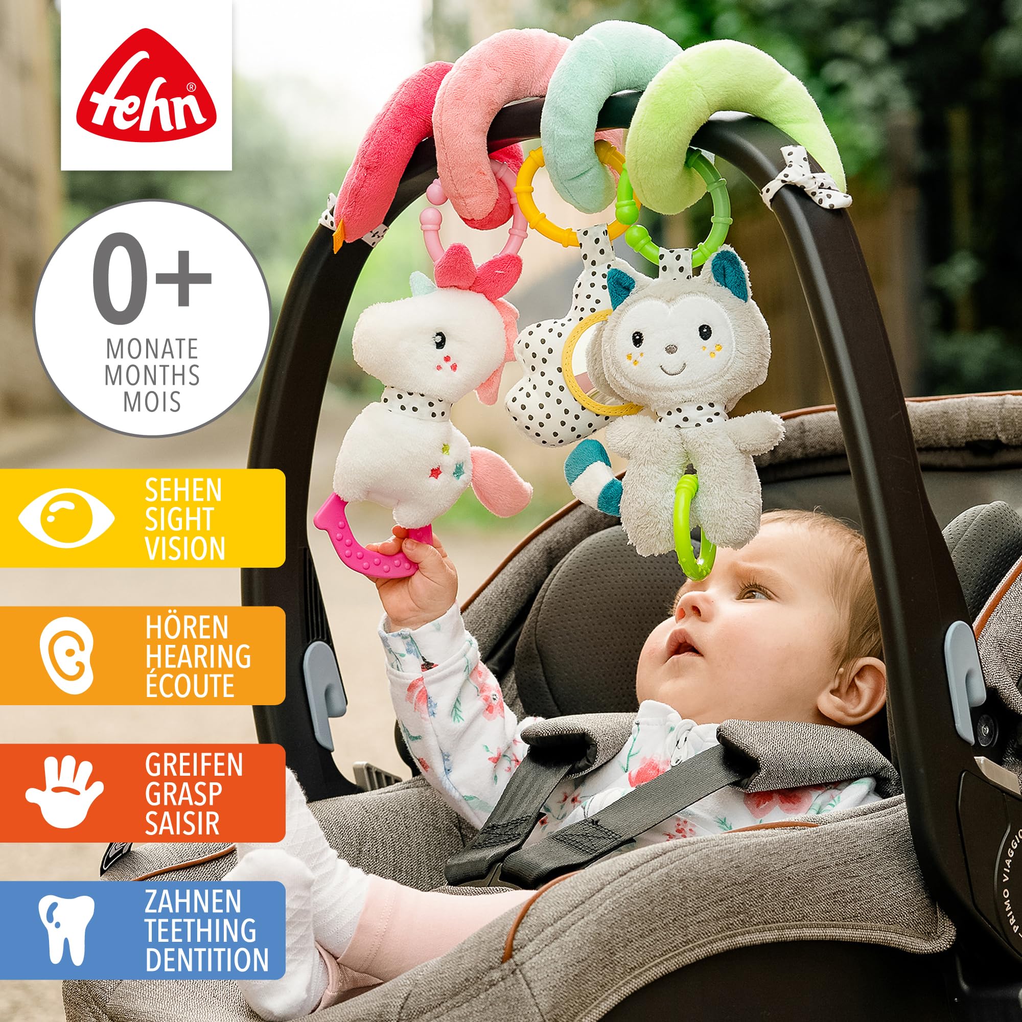 Fehn Activity Spirale Aiko & Yuki - Kinderwagen Spielzeug zum Fühlen und Greifen - Babyspielzeug für Bett