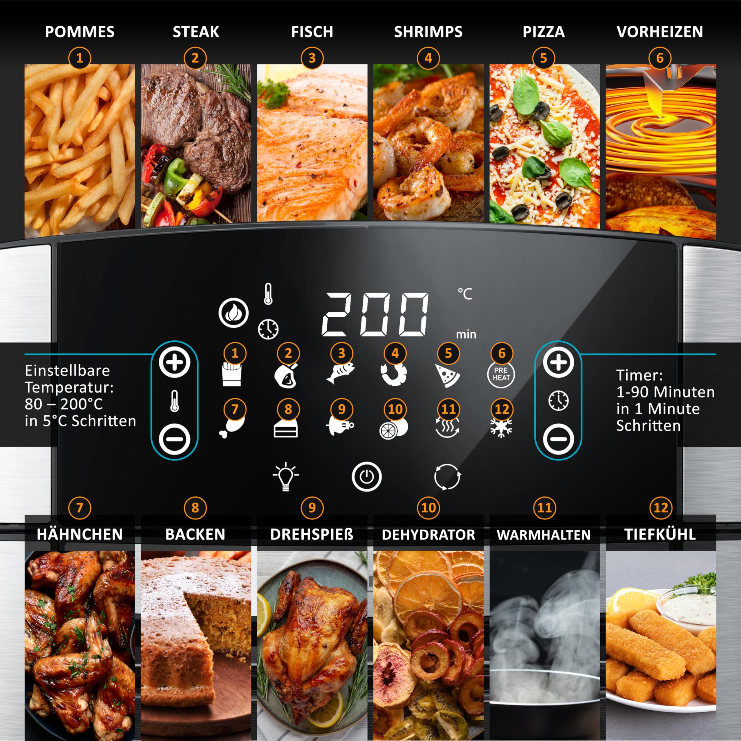 Arendo XXL Heißluftfritteuse 16L Airfryer mit Grill, Dörrfunktion, Backofen, Touchscreen, Easy&Clean, Pizza Hähnchen Pommes, BPA-frei