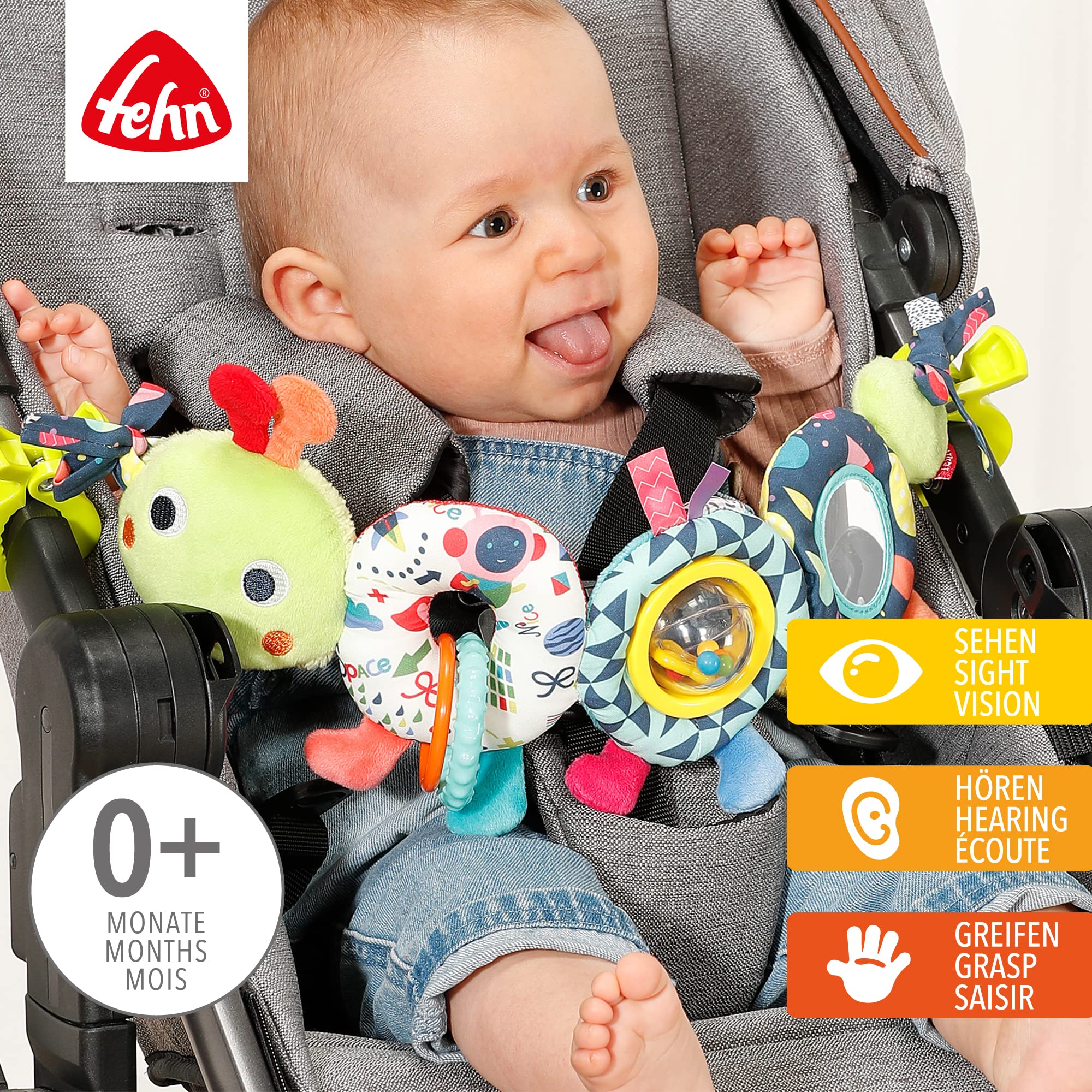 Fehn Kinderwagenkette Baby Mobile Raupe COLOR Friends – Babymobile Kette mit süßer Raupen Figur