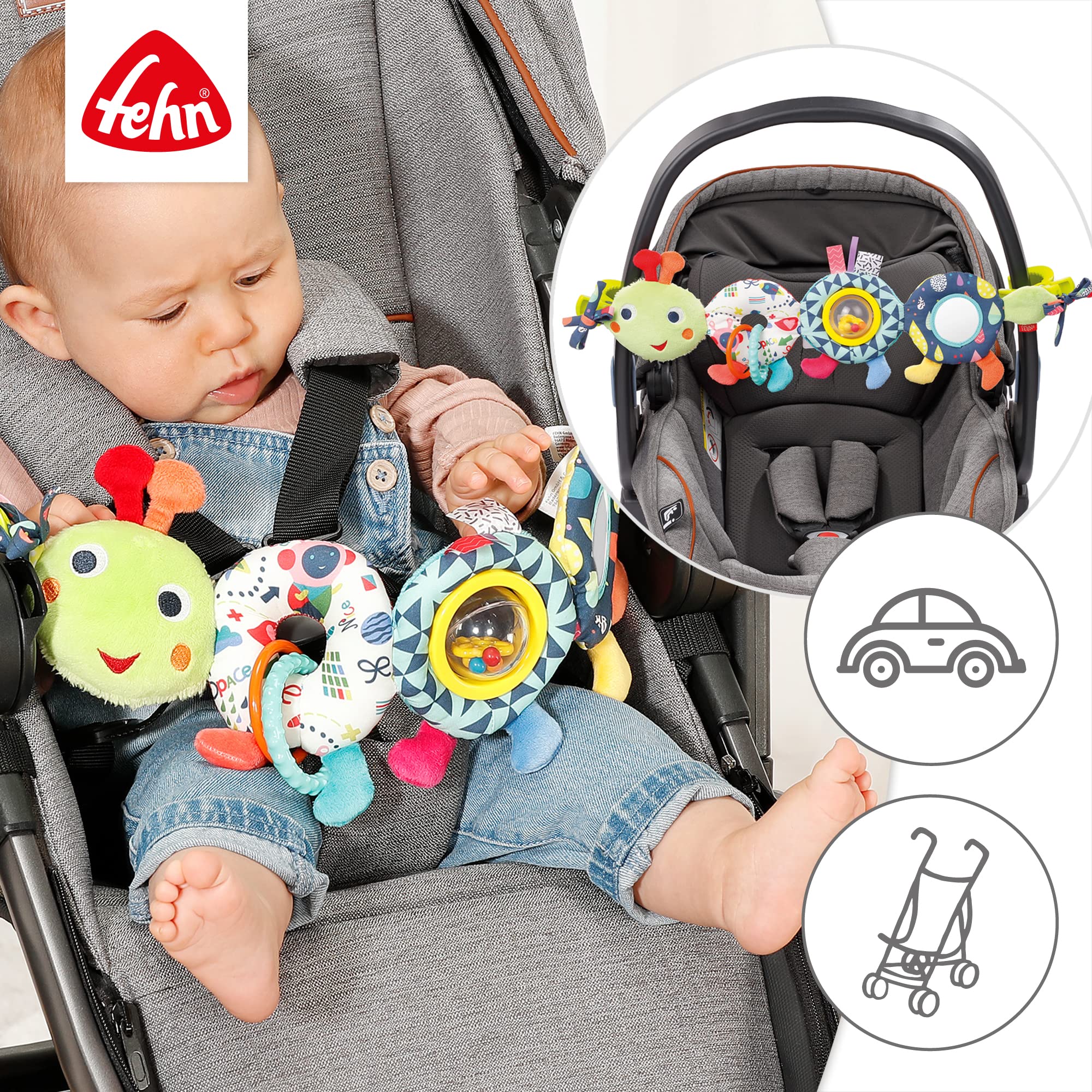 Fehn Kinderwagenkette Baby Mobile Raupe COLOR Friends – Babymobile Kette mit süßer Raupen Figur