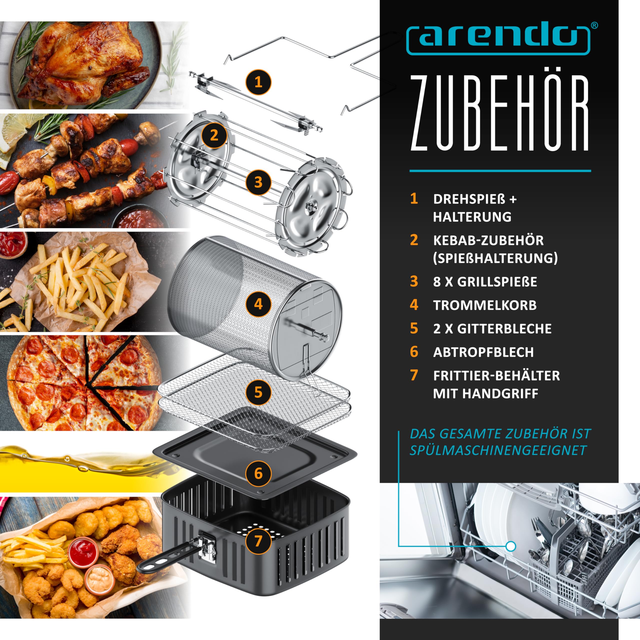 Arendo XXL Heißluftfritteuse 16L Airfryer mit Grill, Dörrfunktion, Backofen, Touchscreen, Easy&Clean, Pizza Hähnchen Pommes, BPA-frei